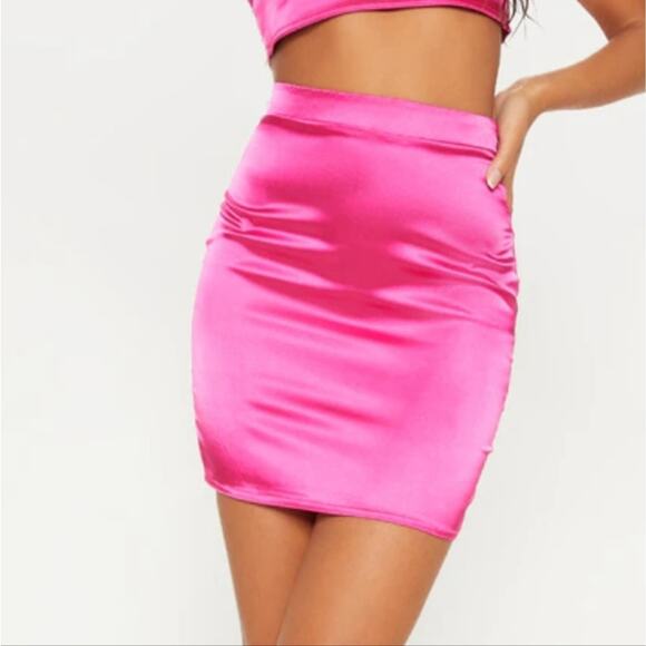 NWT PrettyLittleThing High Waist Pink Satin Skirt Sz 0 - Picture 1 of 9